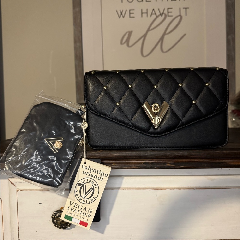 Valentino Orlandi Black Quilted Crossbody with Gold Accents and Wristlet
